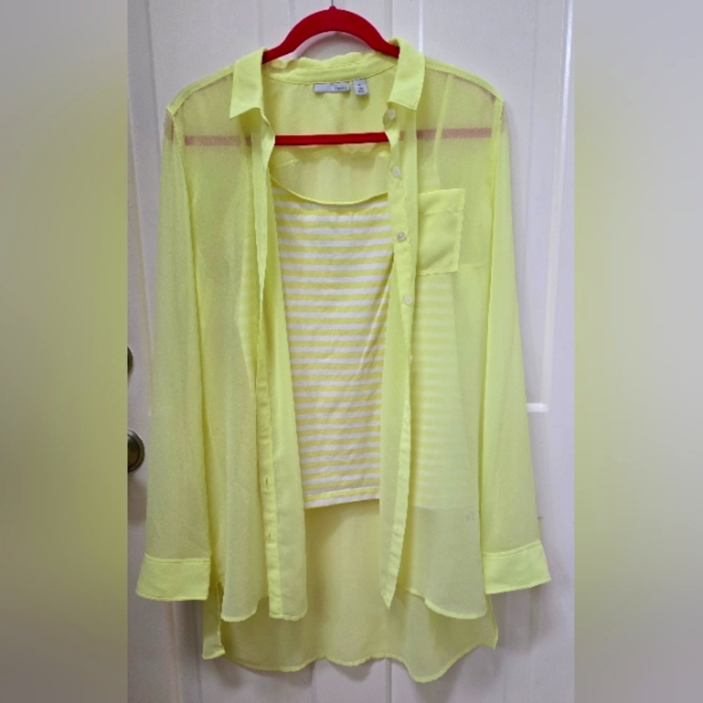 Halogen Sheer Yellow Button-Up Tunic Blouse Size M with Striped Tank Size L